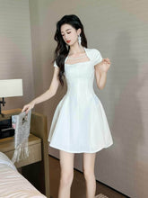 Square Collared Rhinestone Mini Flared Dress S / White